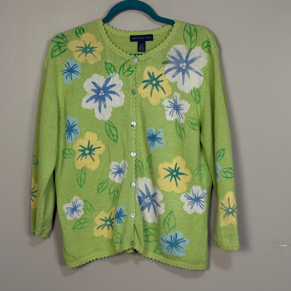 Northern Isles Lime Green Floral Cardigan Ramie Cotton Knit Sweater Womens Large